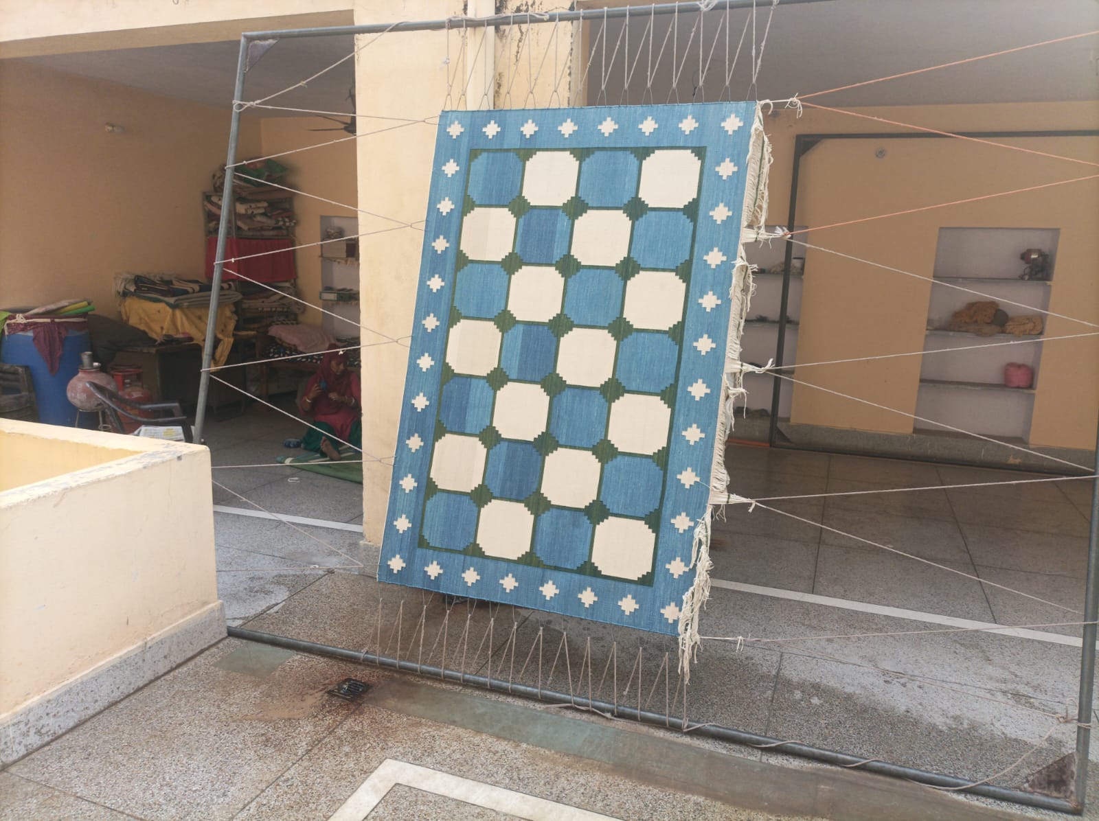 Modern Handmade Cotton Rug, 4x6 Sky Blue And Green Tile Swedish Rug-6782