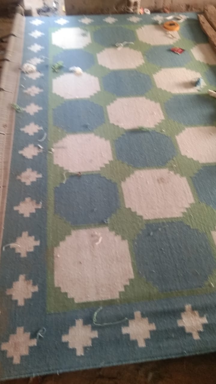 Modern Handmade Woolen Sky Blue, Green And Cream Swedish Tile Geometric Rug-6821