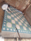 Modern Handmade Woolen Sky Blue, Green And Cream Swedish Tile Geometric Rug-6821
