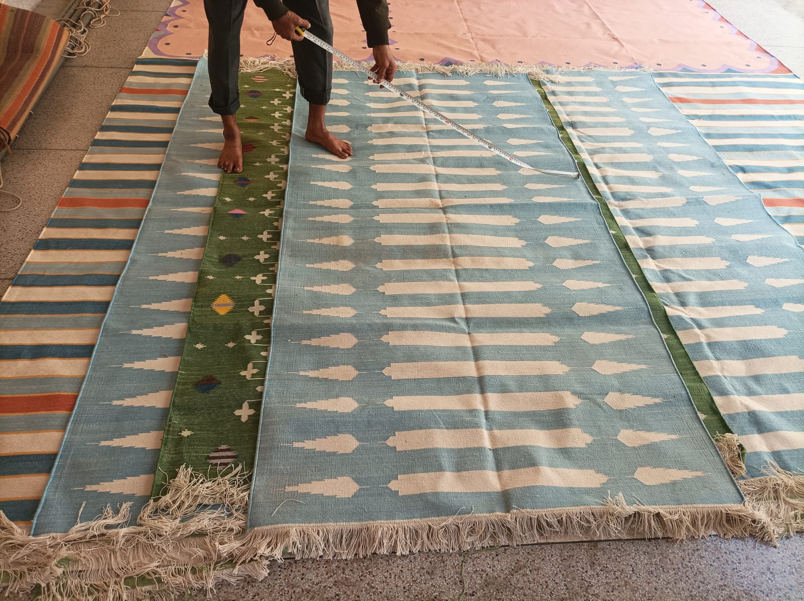Modern Handmade Cotton Sky Blue And White Striped Dhurrie Runner-6792