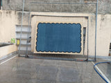 Modern Handmade Cotton Teal Blue, Black and Cream Scalloped Rug-6791