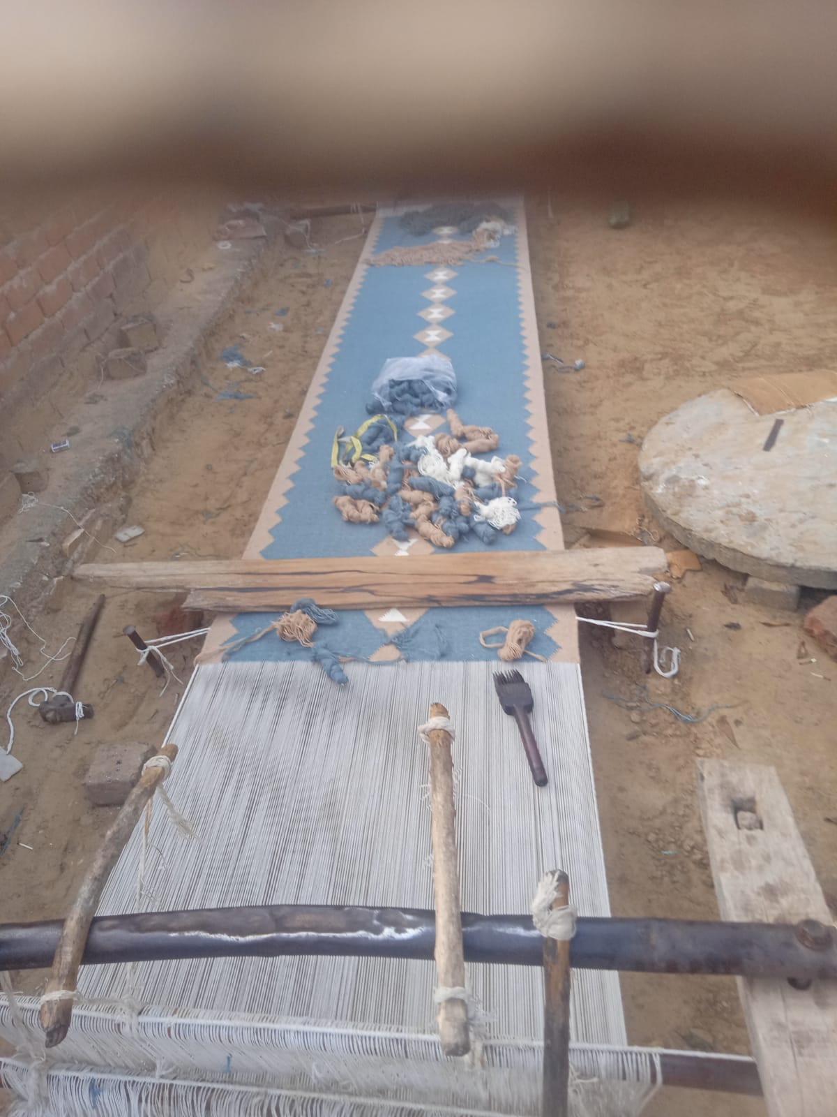 Modern Handmade New Zealand Wool Turquoise Blue, Cream And Beige Geometric Runner-6797