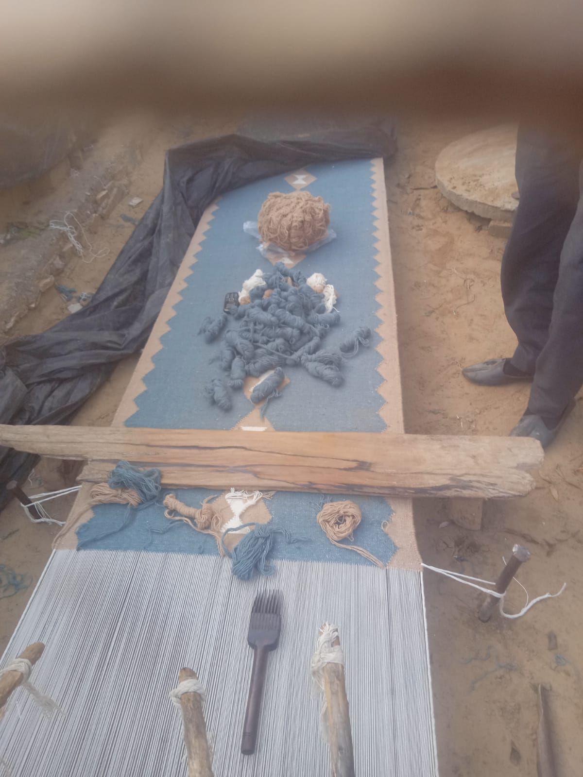 Modern Handmade New Zealand Wool Turquoise Blue, Cream And Beige Geometric Runner-6797