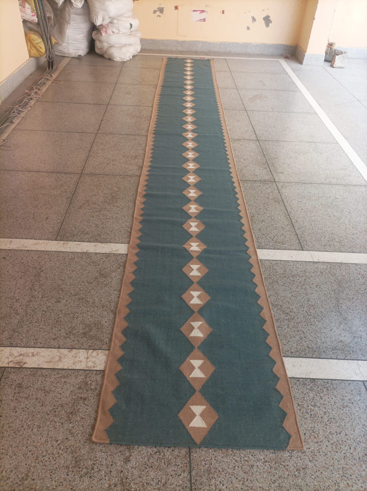 Modern Handmade New Zealand Wool Turquoise Blue, Cream And Beige Geometric Runner-6797