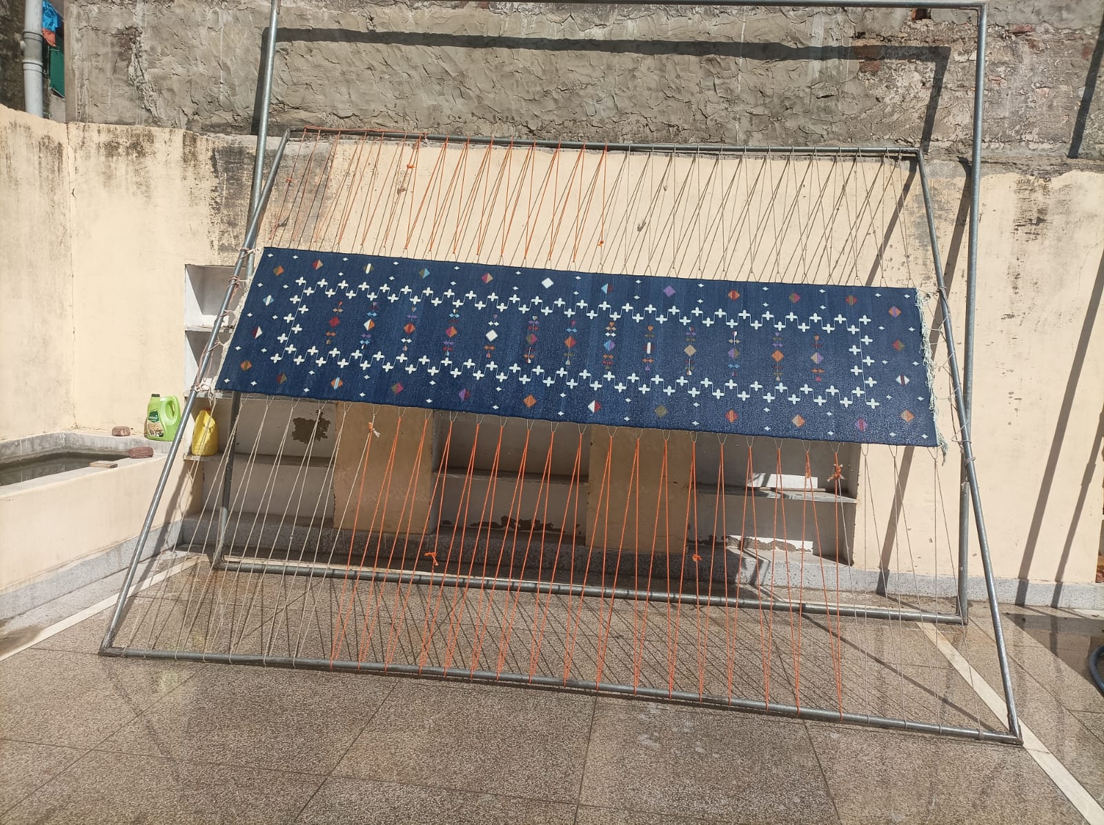 Modern Handmade Cotton Indigo Blue Shooting Star Dhurrie Runner-6815