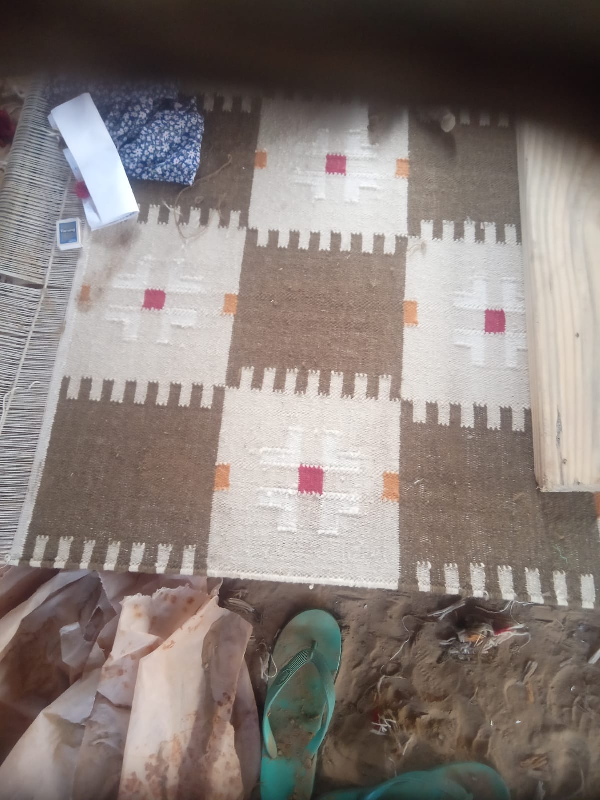 Modern Handmade Woolen Brown, Cream, Red And Mustard Geometric Rug-6803