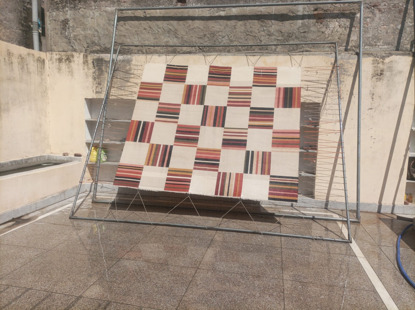 Modern Handmade Cotton Rug, 90"x105" Cream, Red Tile Striped Rug-6802