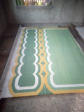 Modern Handmade Cotton Moss Green, Cream and Mustard Scalloped Rug-9667