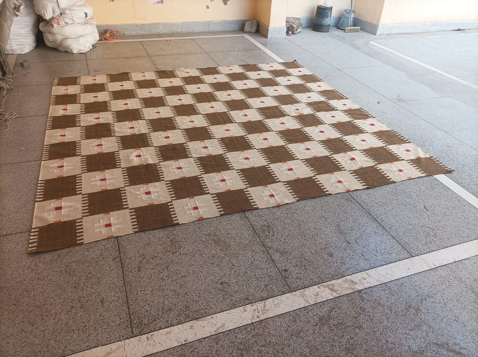 Modern Handmade Woolen Brown, Cream, Red And Mustard Geometric Rug-6803