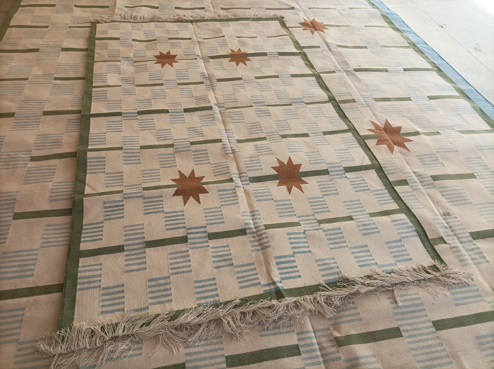 Modern Handmade Cotton Rug, 5'x8' Sky Blue, Sage Green And Cream Star And Dash Striped Rug-6811
