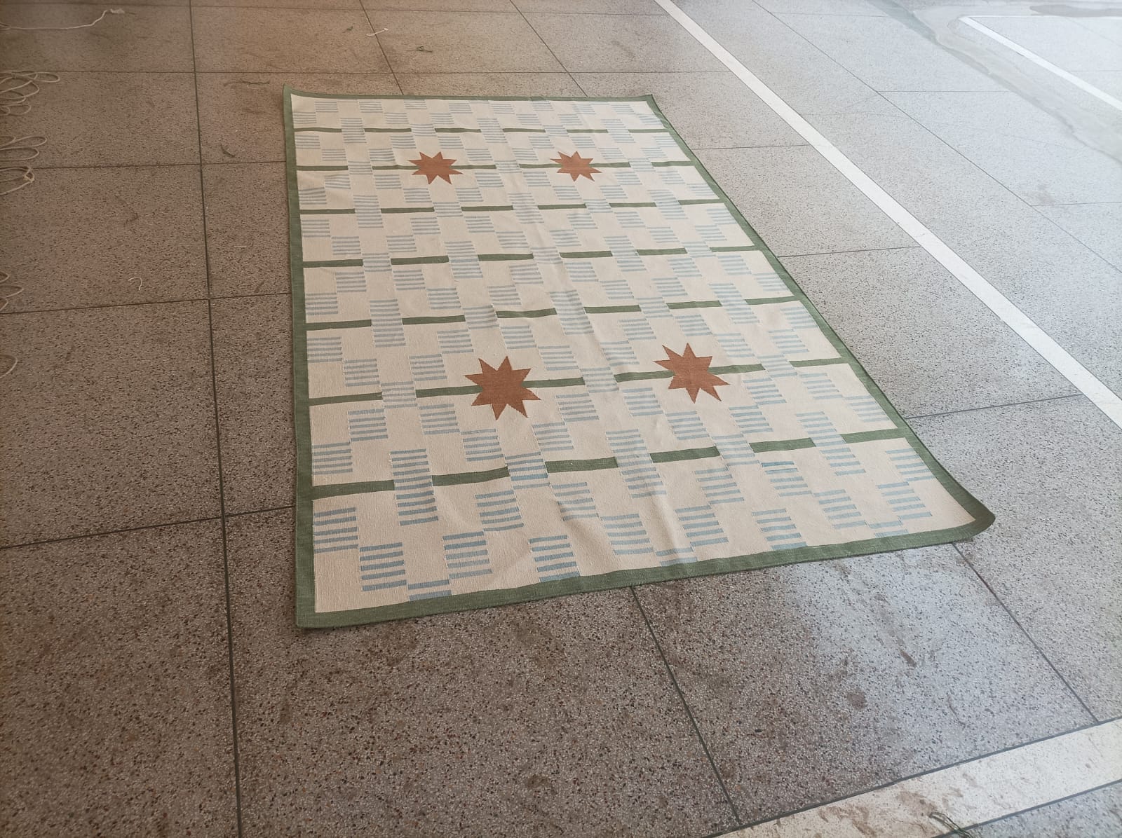 Modern Handmade Cotton Rug, 5'x8' Sky Blue, Sage Green And Cream Star And Dash Striped Rug-6811