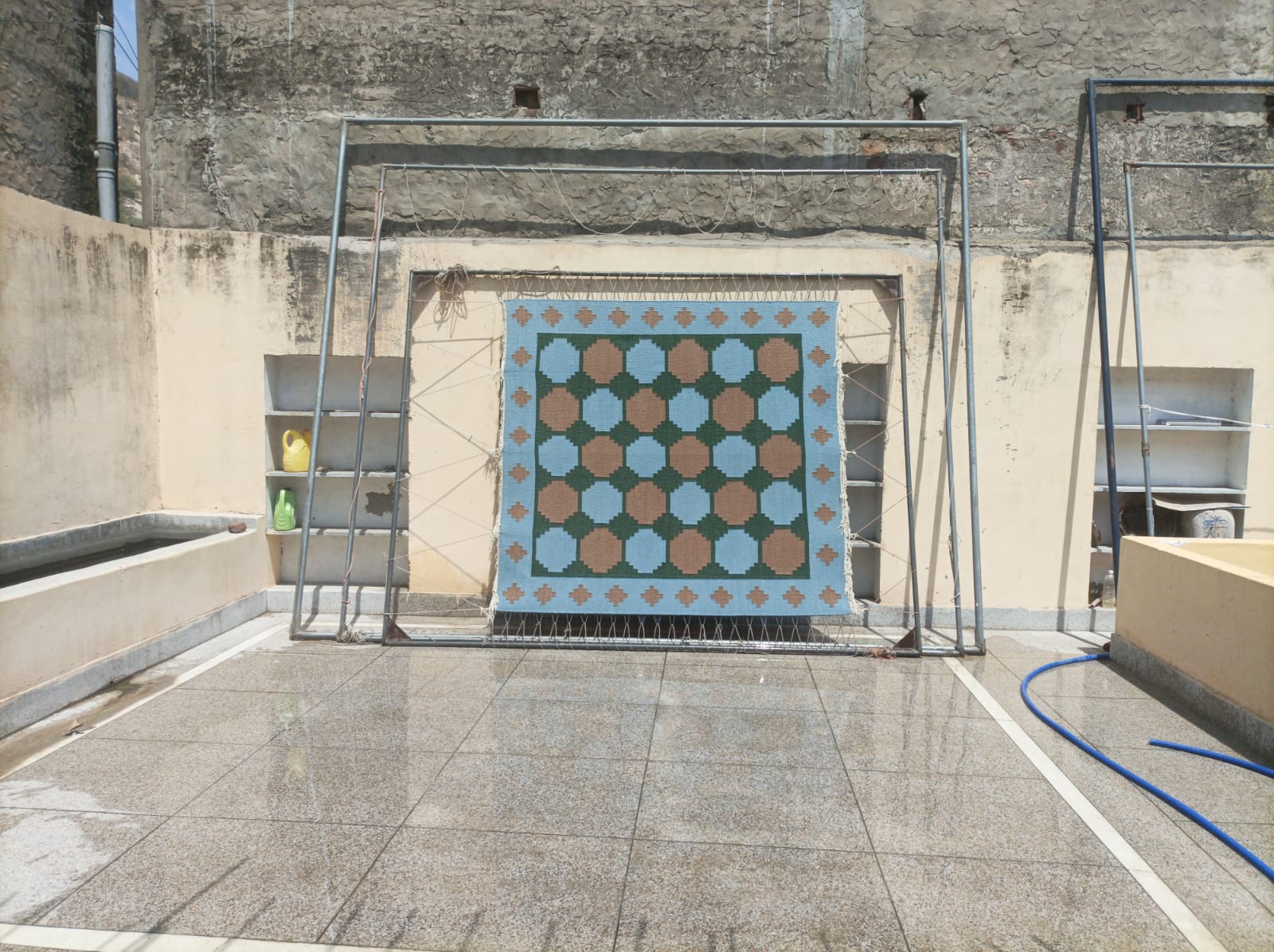 Modern Handmade New Zealand Wool Sky Blue, Beige And Green Tile Swedish Rug-6810