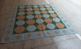 Modern Handmade New Zealand Wool Sky Blue, Beige And Green Tile Swedish Rug-6810