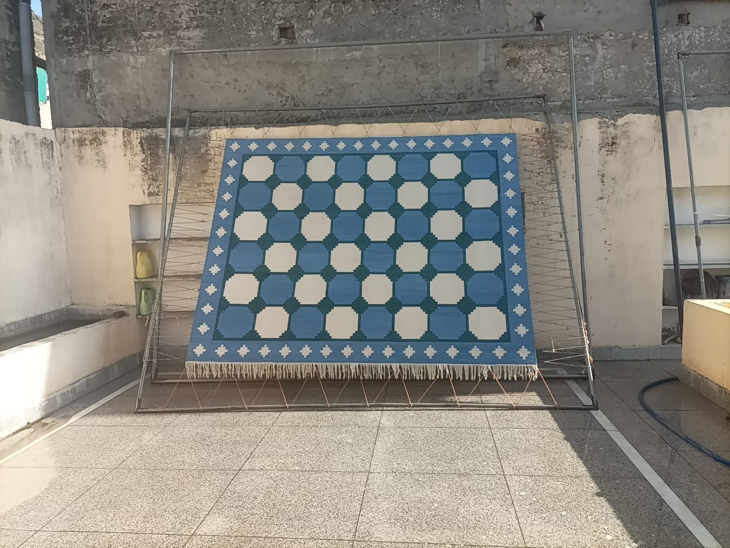Modern Handmade Cotton Sky Blue And Green Geometric Swedish Star Rug-6813