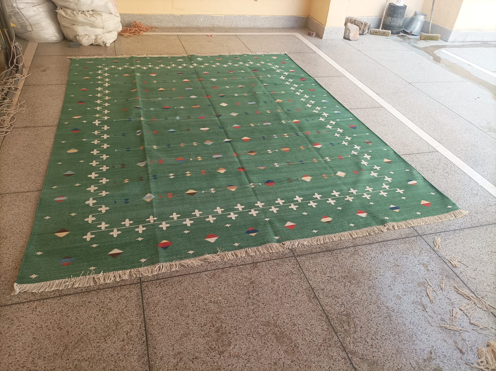 Modern Handmade Cotton Forest Green And White Shooting Star Rug-6814