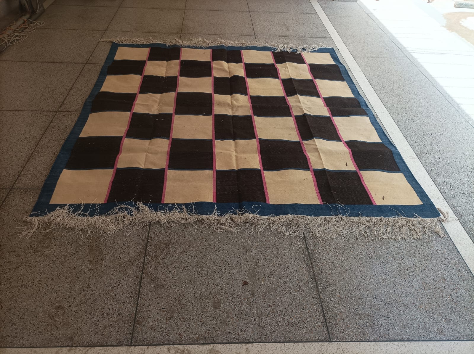 Modern Handmade Cotton Rug, 8'x8' Cream, Brown And Pink Checker Board Rug-6822