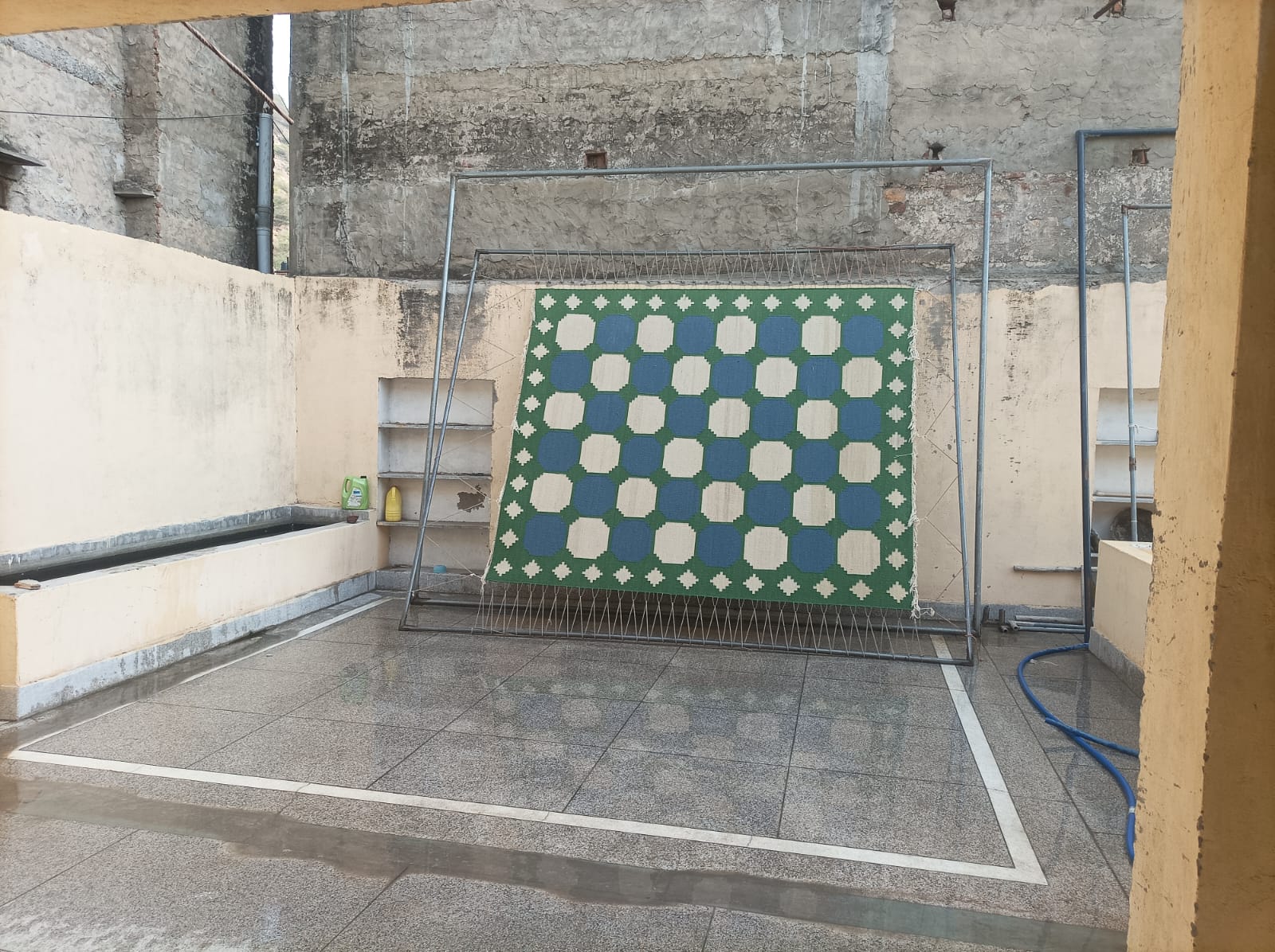 Modern Handmade Woolen Sky Blue, Green And Cream Swedish Tile Geometric Rug-6821
