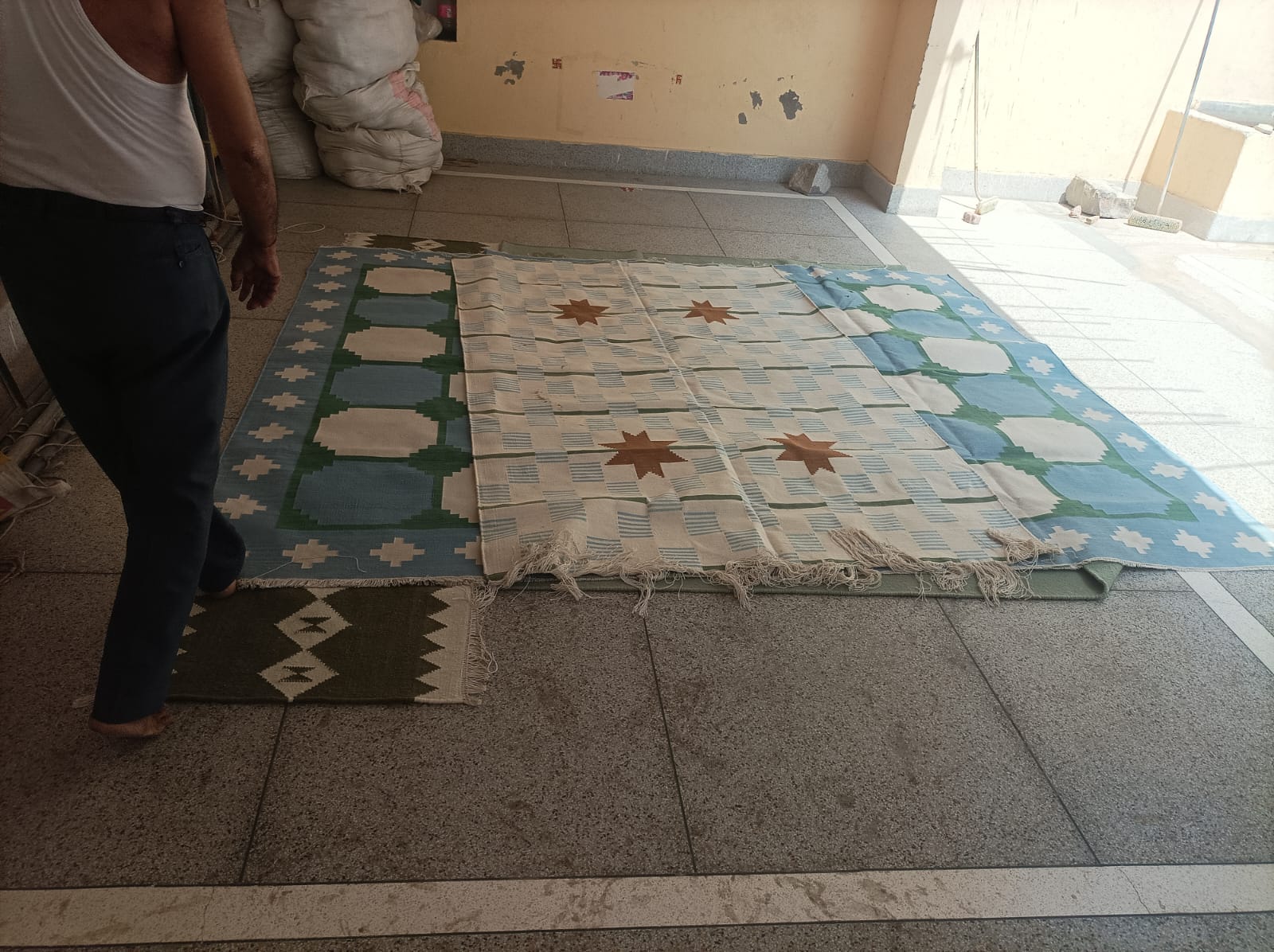 Modern Handmade Cotton Rug, 5'x8' Sky Blue, Sage Green And Cream Star And Dash Striped Rug-6825