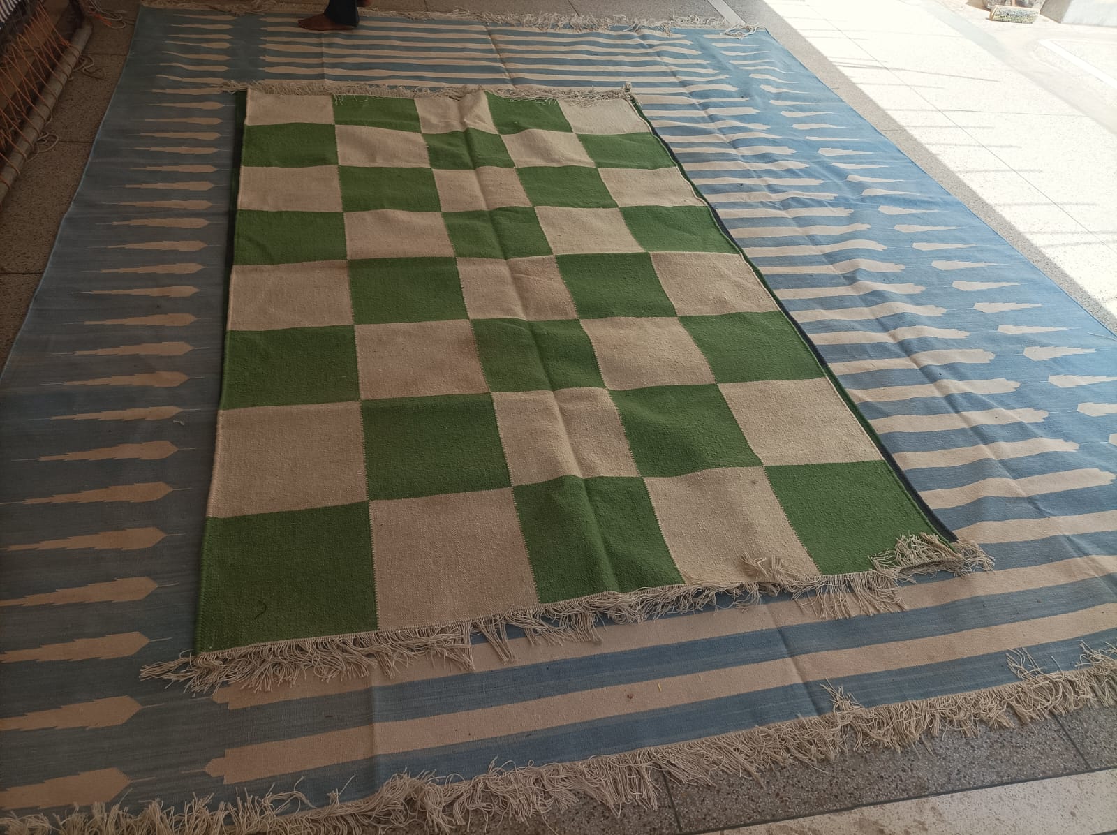 Modern Handmade New Zealand Wool Moss Green And Cream Checker Board Area Rug-6828