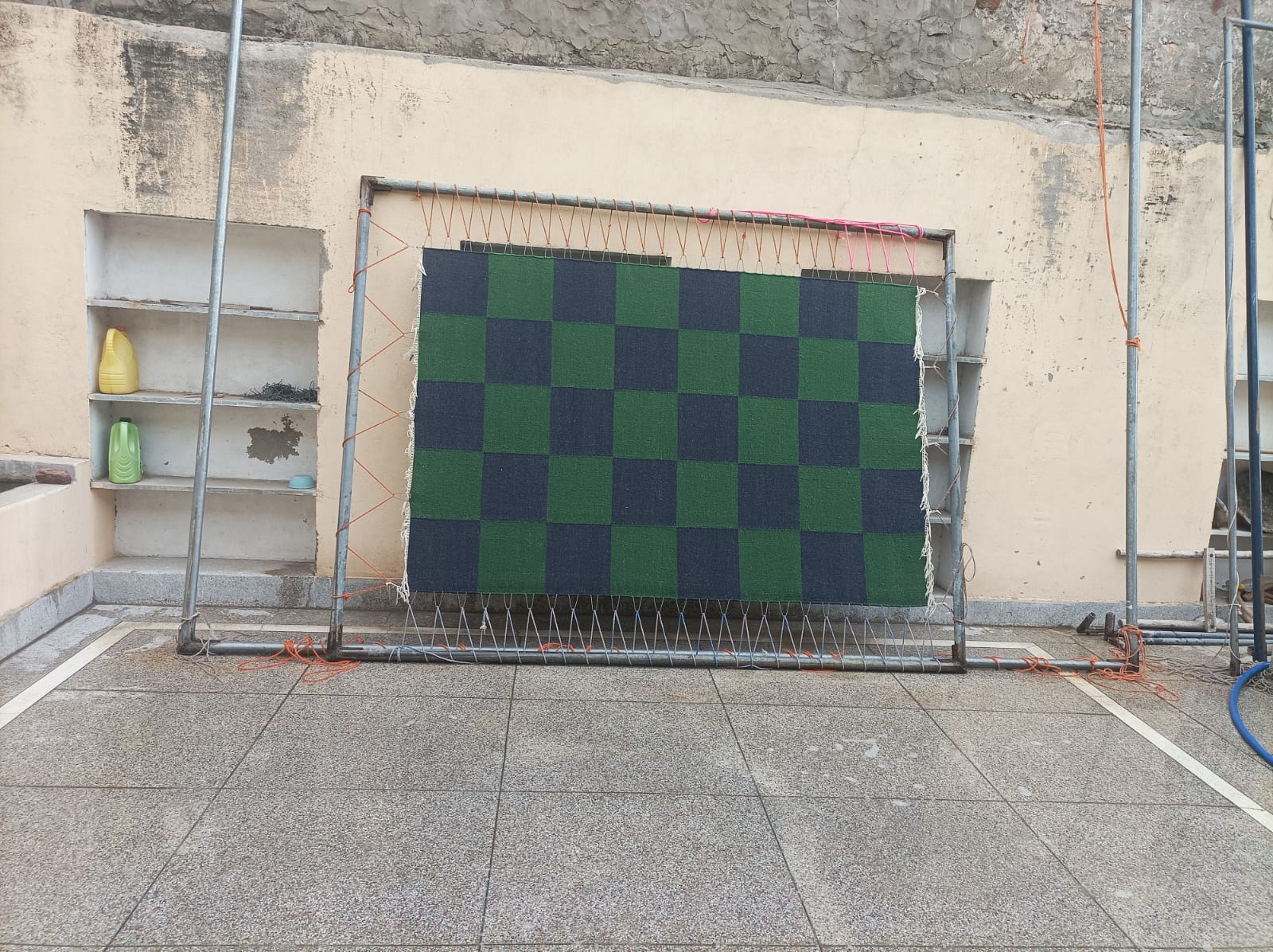 Modern Handmade New Zealand Wool Forest Green And Greyish Blue Checker Board Area Rug-6827