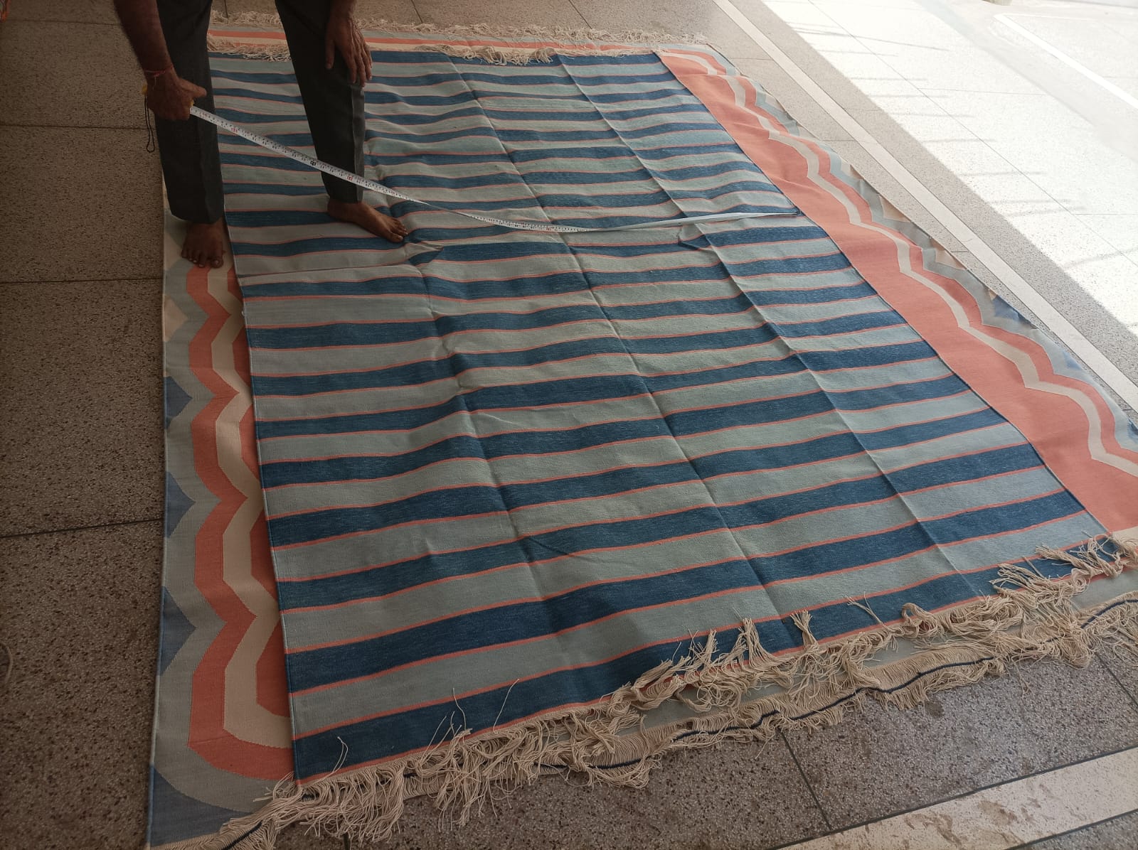 Modern Handmade Cotton Sky Blue And Orange Striped Area Rug-6830