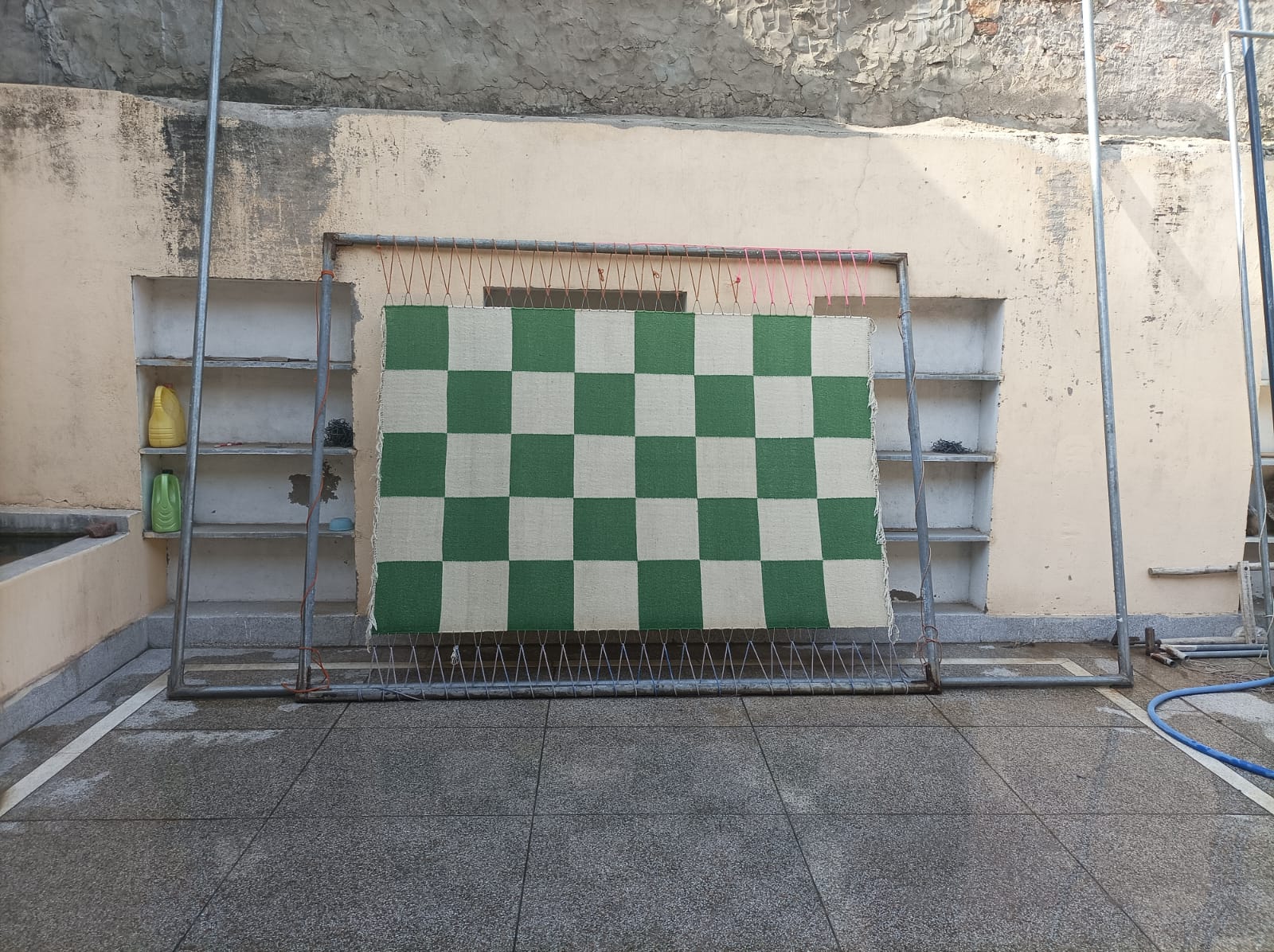 Modern Handmade New Zealand Wool Moss Green And Cream Checker Board Area Rug-6828