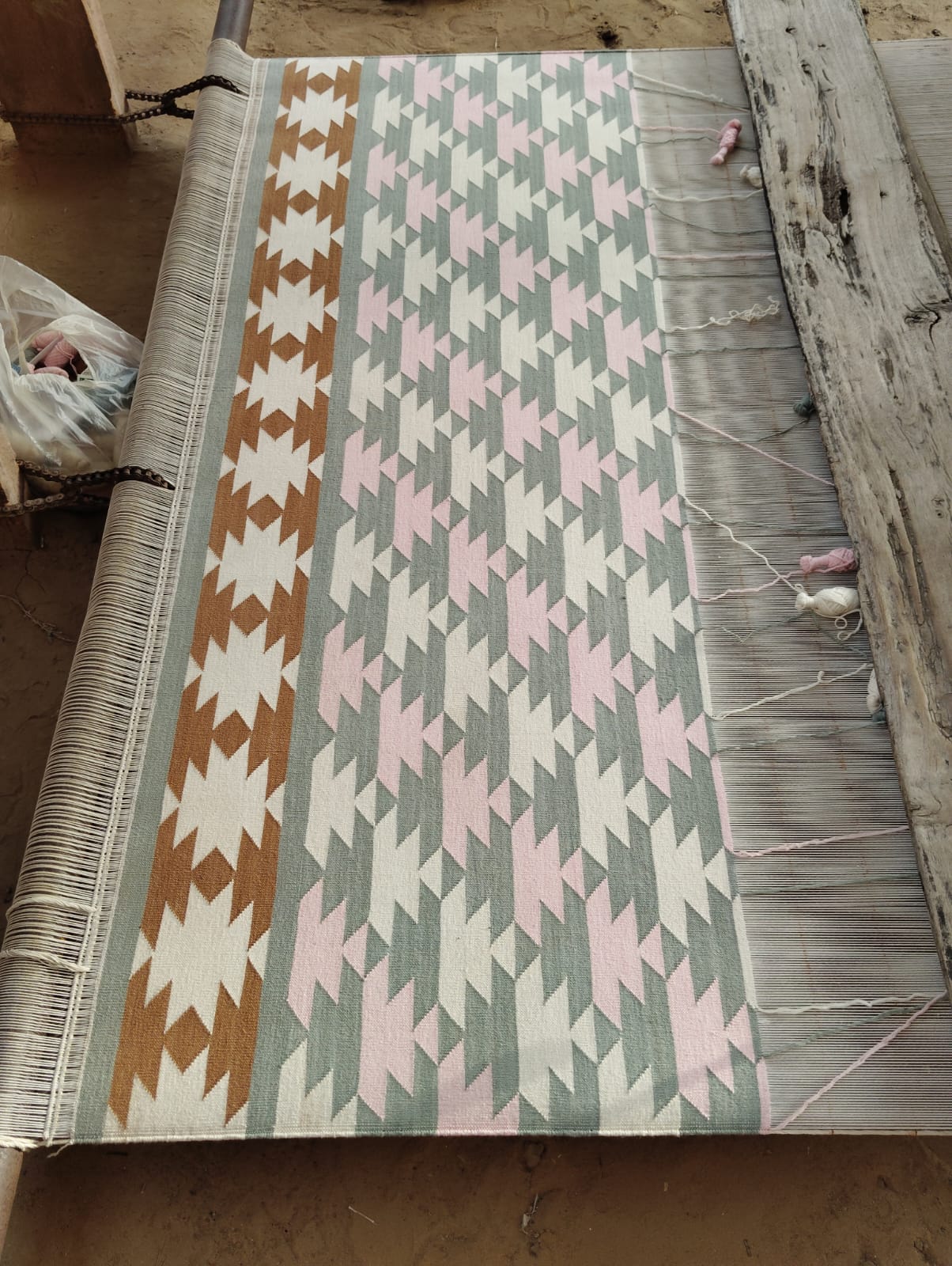 Modern Handmade Cotton Gray, Pink, Cream And Tan Geometric Area Rug-6832