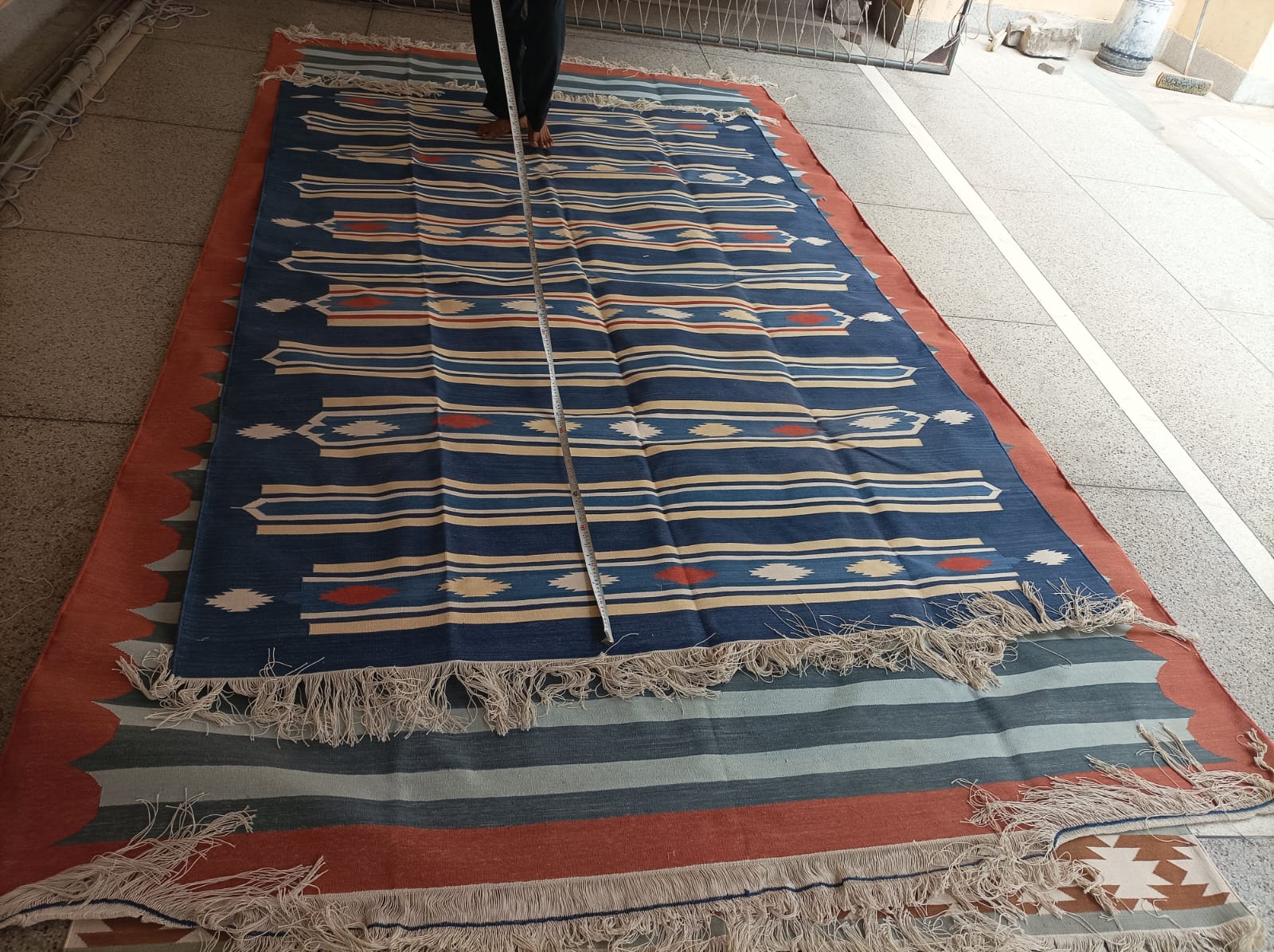 Modern Handmade Cotton Indigo Blue, Cream And Terracotta Diamond Striped Area Rug-6829