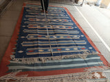 Modern Handmade Cotton Indigo Blue, Cream And Terracotta Diamond Striped Area Rug-6829