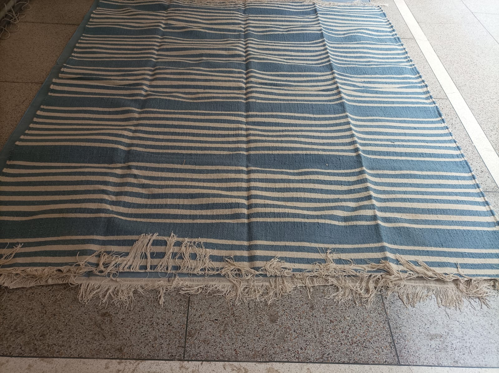 Modern Handmade Thick Woolen Sky Blue And White Striped Rug-6833