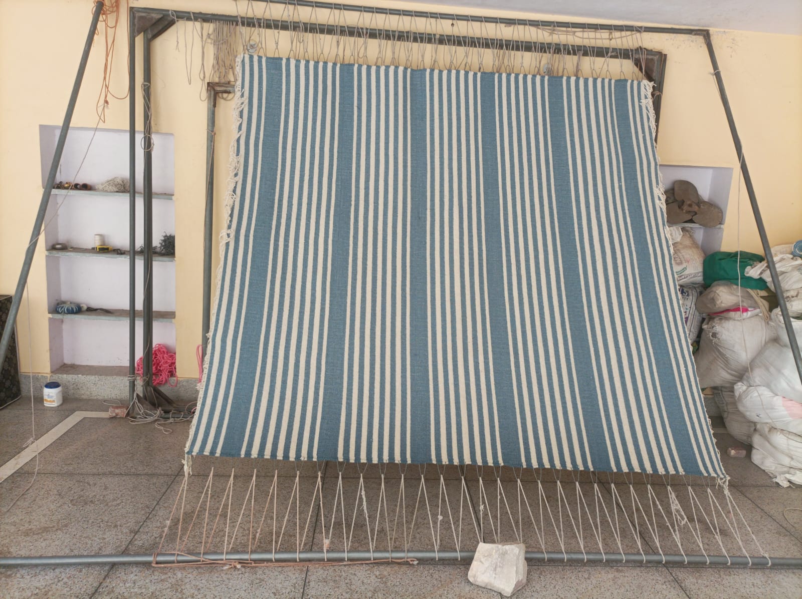 Modern Handmade Thick Woolen Sky Blue And White Striped Rug-6833