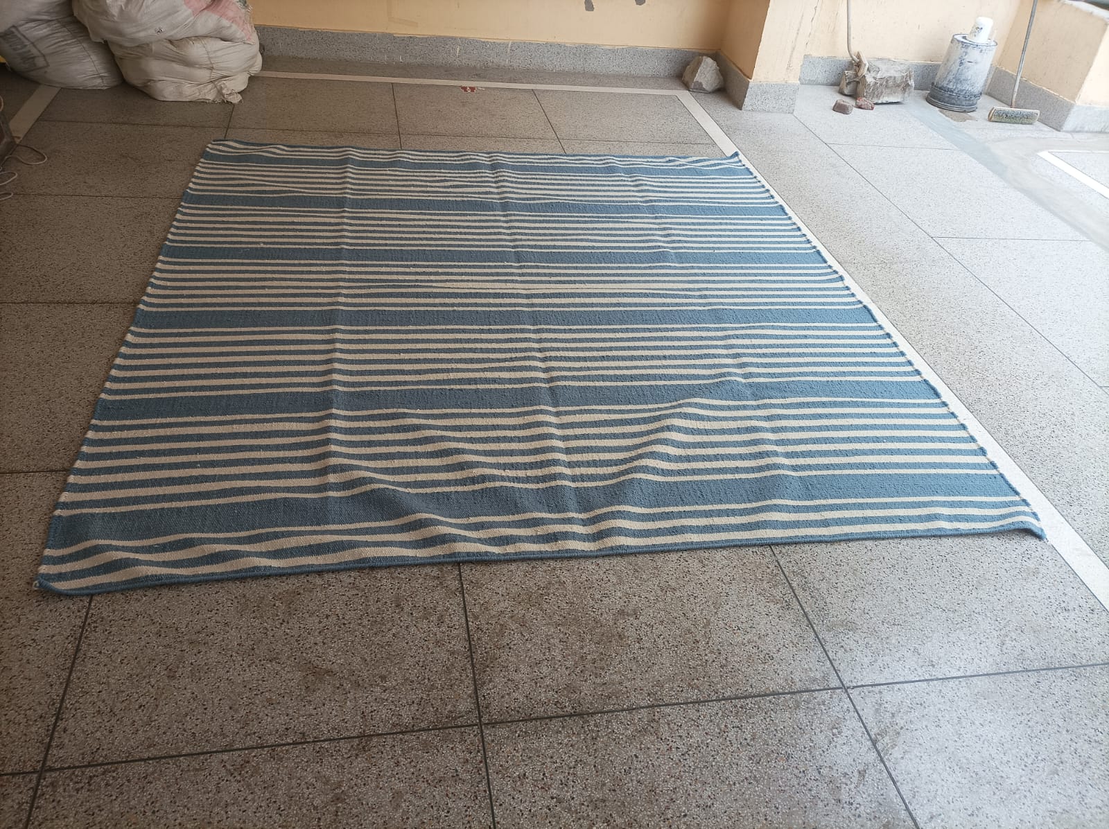 Modern Handmade Thick Woolen Sky Blue And White Striped Rug-6833