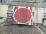 Handmade Cotton Terracotta, Cream And Sky Blue Round Scalloped Rug -9669