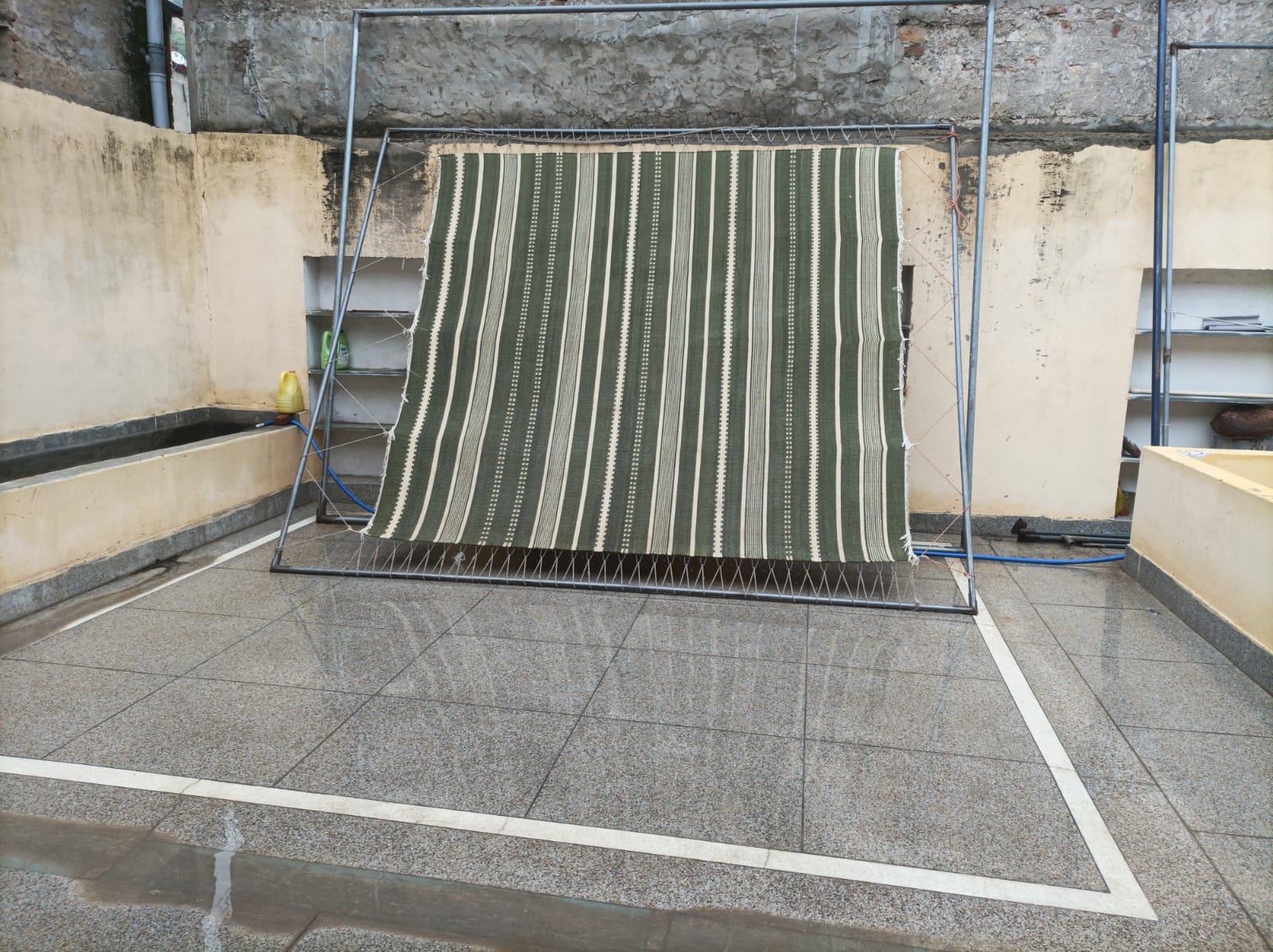 Modern Handmade Woolen Olive Green And White Striped Rug-6837