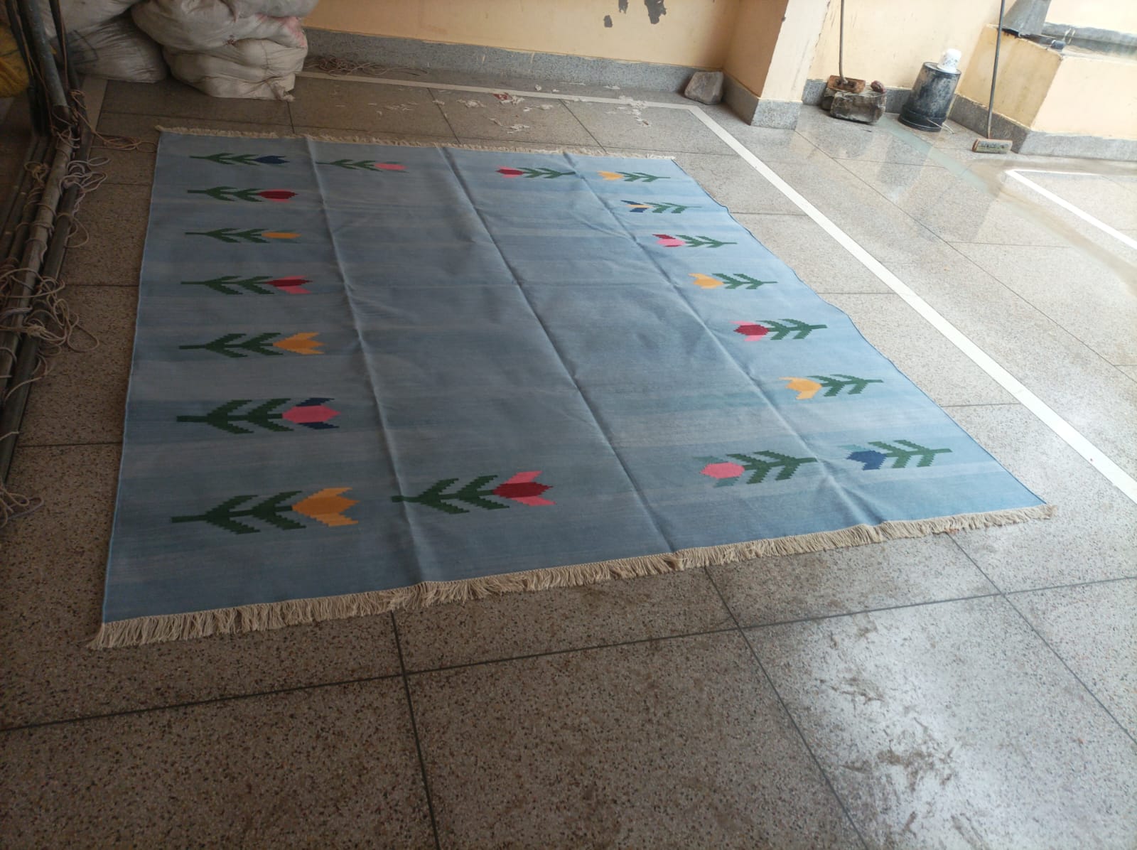 Modern Handmade Cotton Sky Blue Leaf Patterned Area Rug-6839