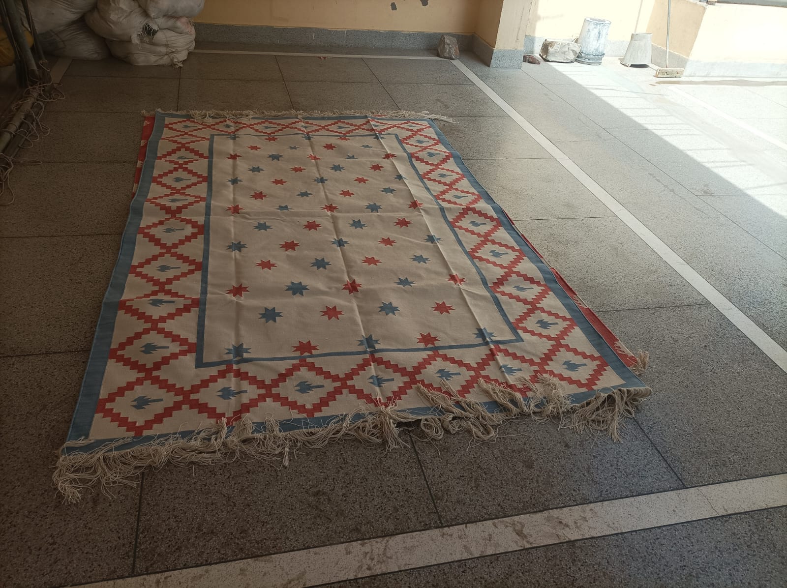 Modern Handmade Cotton Sky Blue, Cream And Terracotta Area Star Rug-6843