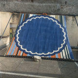 Modern Handmade Cotton Indigo Blue And White Round Scalloped Rug -9672