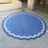 Modern Handmade Cotton Indigo Blue And White Round Scalloped Rug -9672