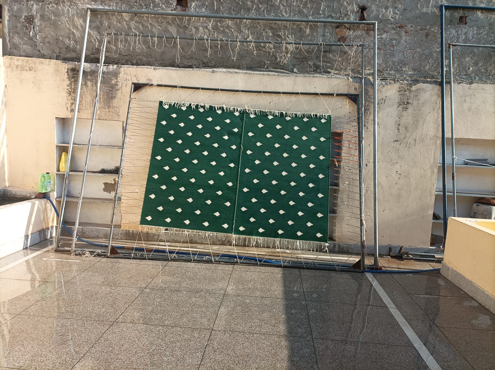 Modern Handmade Cotton Forest Green And White Leaf Patterned Area Rug-6851