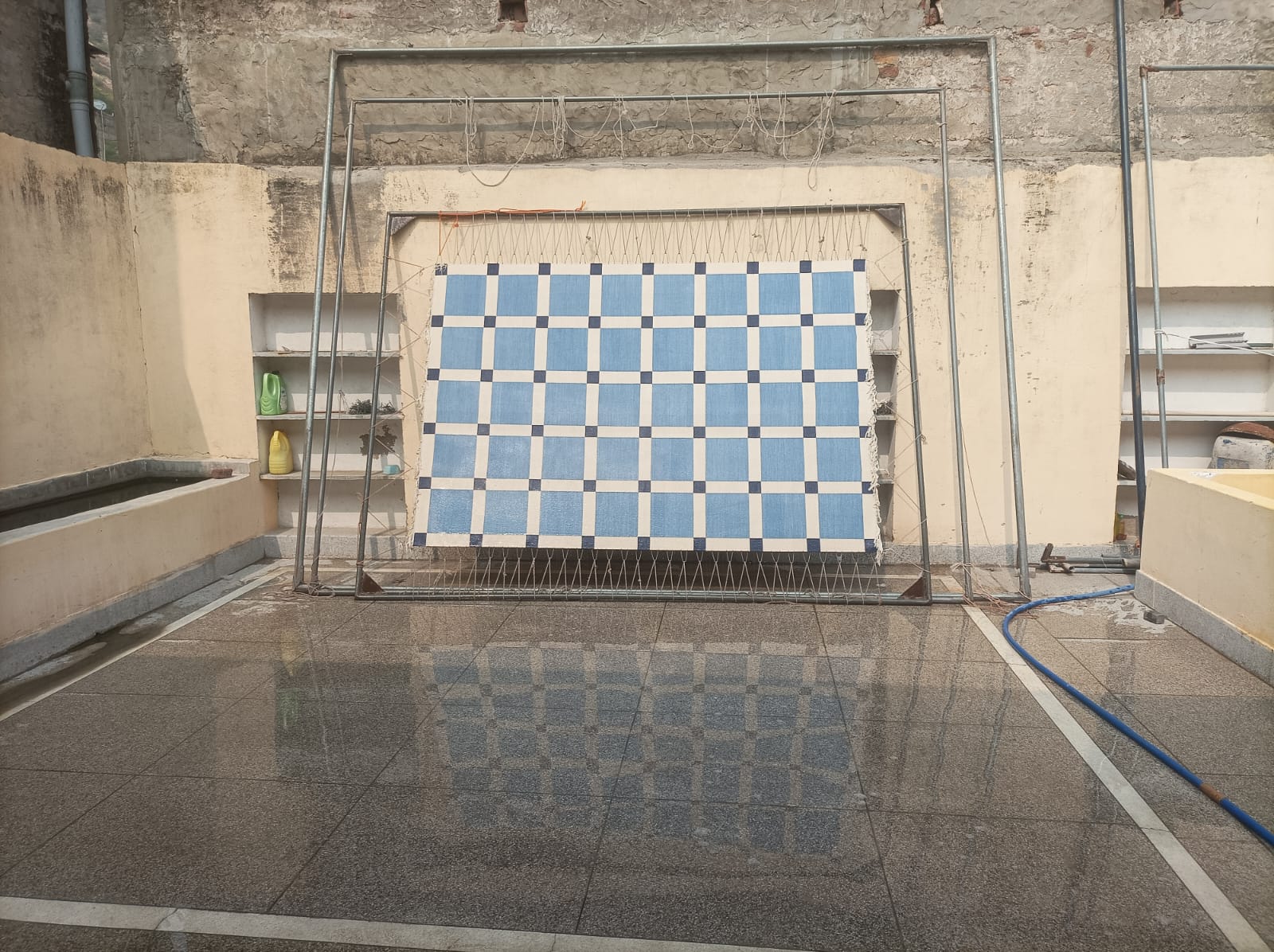 Modern Handmade Cotton Sky Blue And White Block Pattern Geometric Area Rug-6854