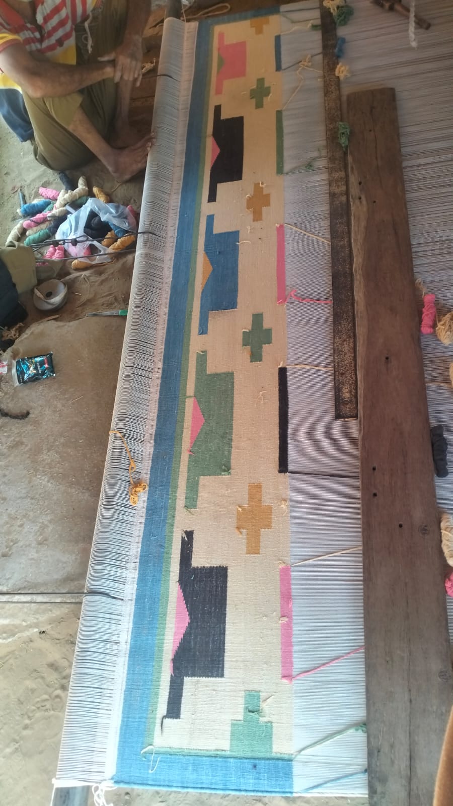 Modern Handmade Cotton Area Flat Weave Rug, Cream, Brown, Pink And Blue Geometric Dhurrie-6721