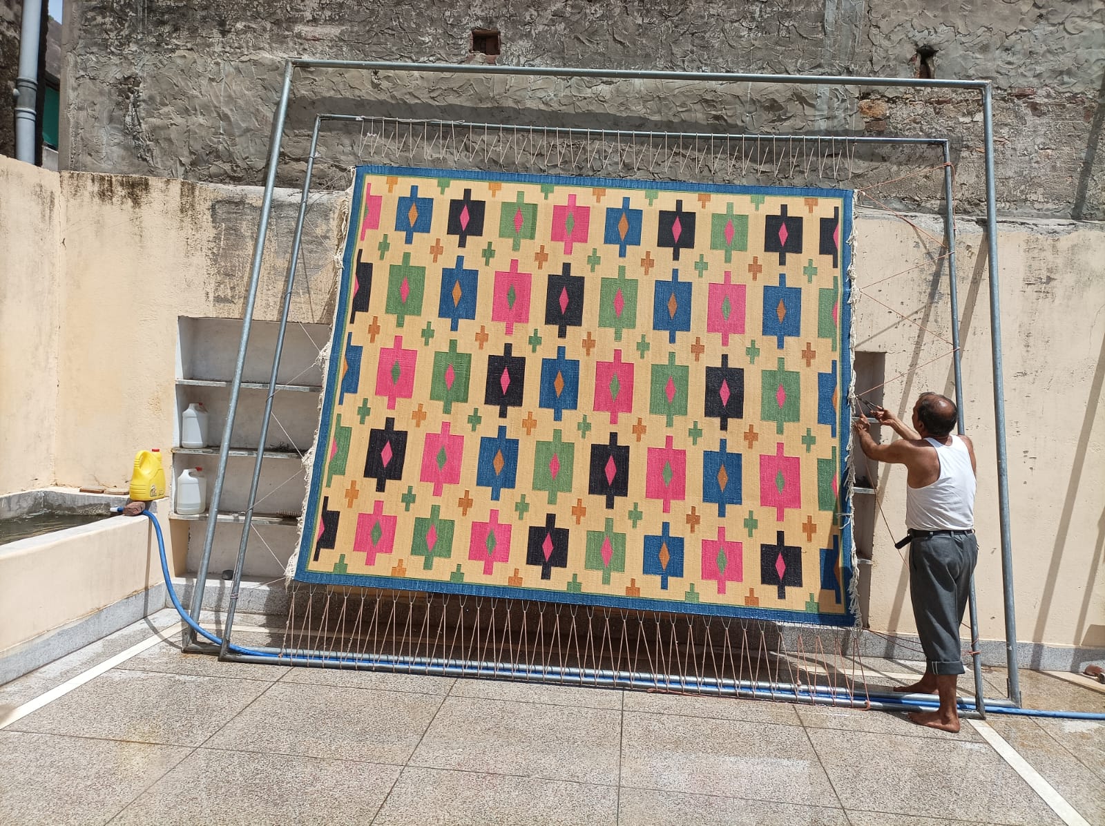 Modern Handmade Cotton Area Flat Weave Rug, Cream, Brown, Pink And Blue Geometric Dhurrie-6721