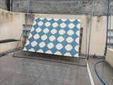 Modern Handmade Cotton Teal Blue, Cream And Olive Green Tile Area Rug-6842