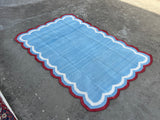 Modern Handmade Cotton Sky Blue, Cream and Red Scalloped Rug-9651