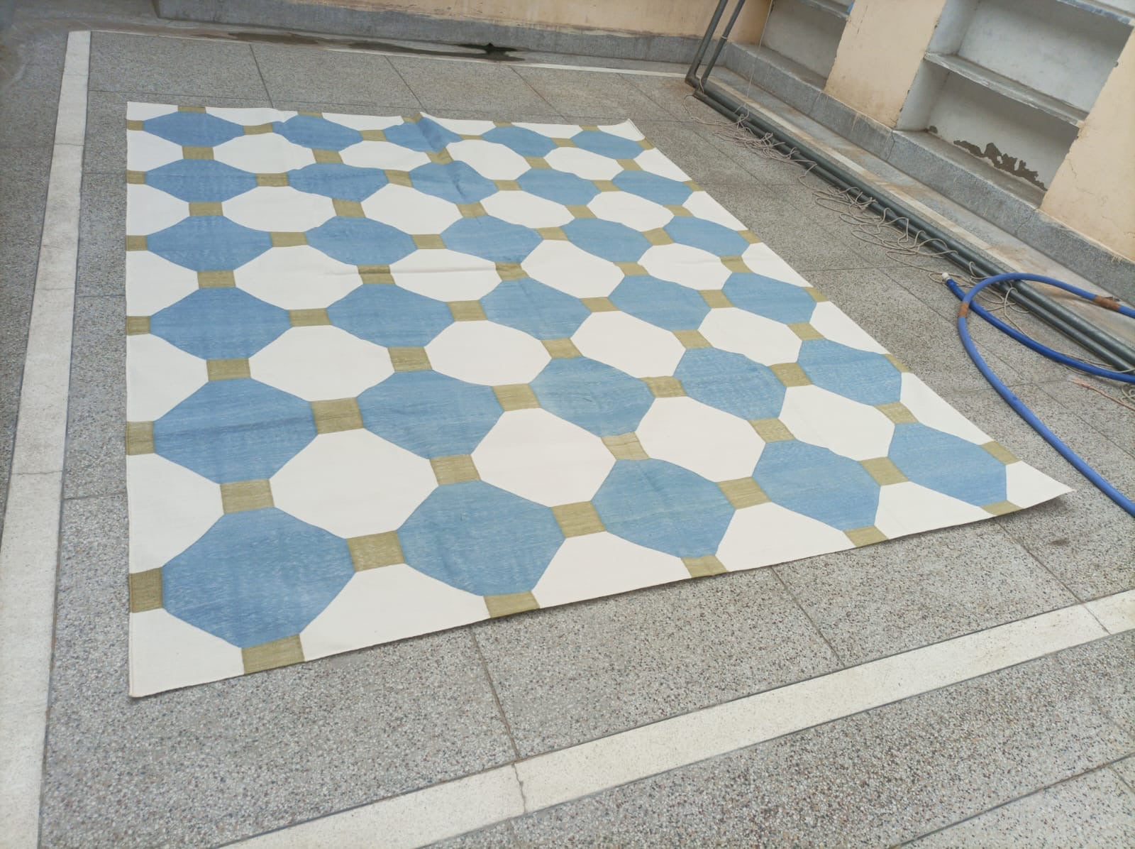 Modern Handmade Cotton Teal Blue, Cream And Olive Green Tile Area Rug-6842
