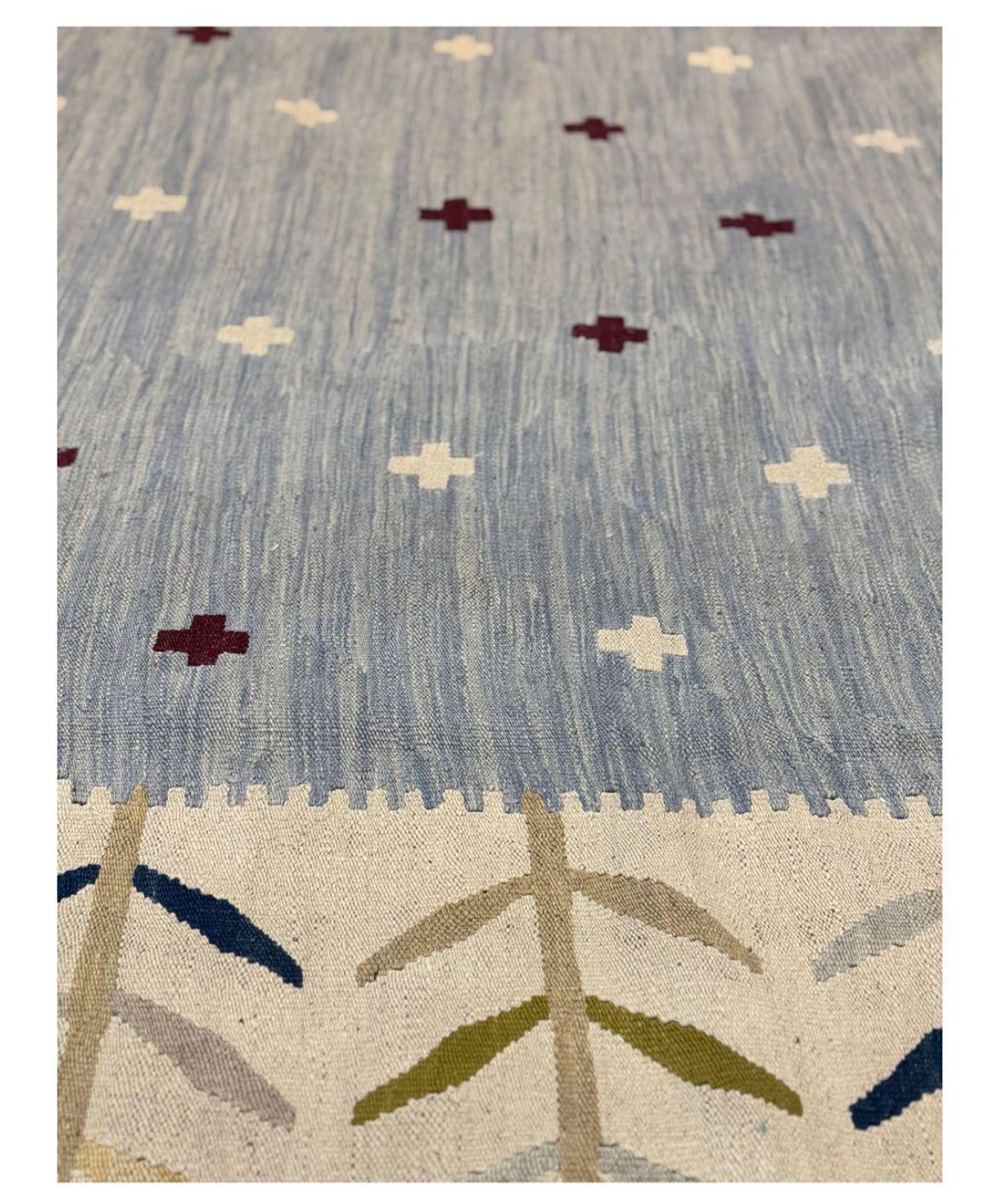 Cotton Custom Cream, Beige, Blue And Red Leaf Rug for JEMMA SKIPWORTH in a Size 300x400cm