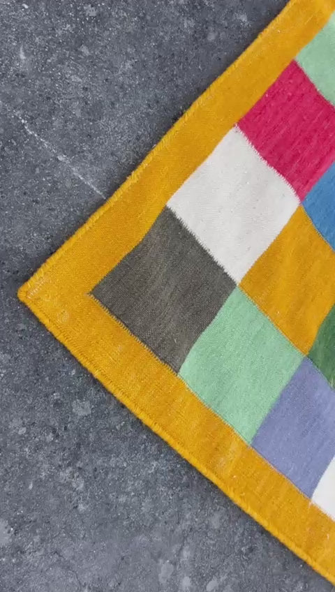 Modern Handmade Woolen Rug, 4x8 Multicolor Checked Dhurrie Runner -6785