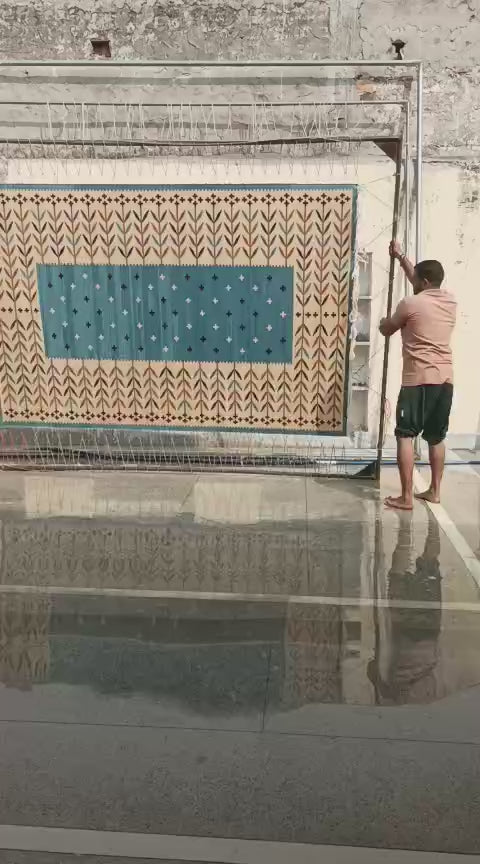 Modern Handmade Cotton Area Flat Weave Rug, Sky Blue And Cream Leaf Indian Dhurrie-6779