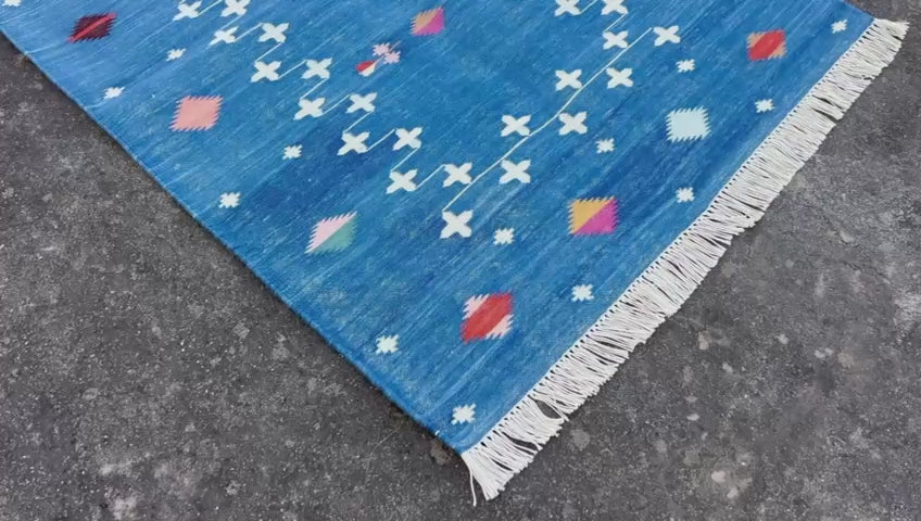 Modern Handmade Cotton Indigo Blue Shooting Star Dhurrie Runner-6772