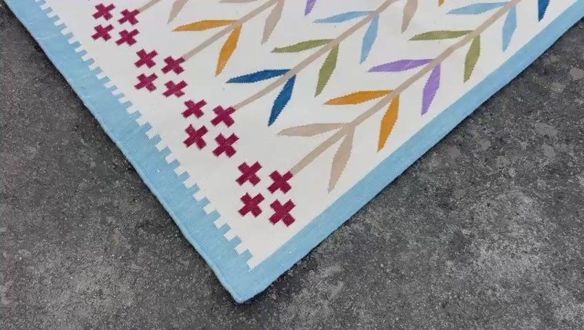 Modern Handmade Cotton Area Flat Weave Rug, Sky Blue And Cream Leaf Indian Dhurrie-6779